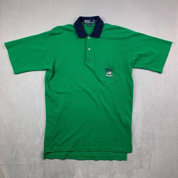 Vintage Ralph Lauren Mens Shirt Medium Green Pique Polo USA Flag Embroidered - Picture 1 of 7